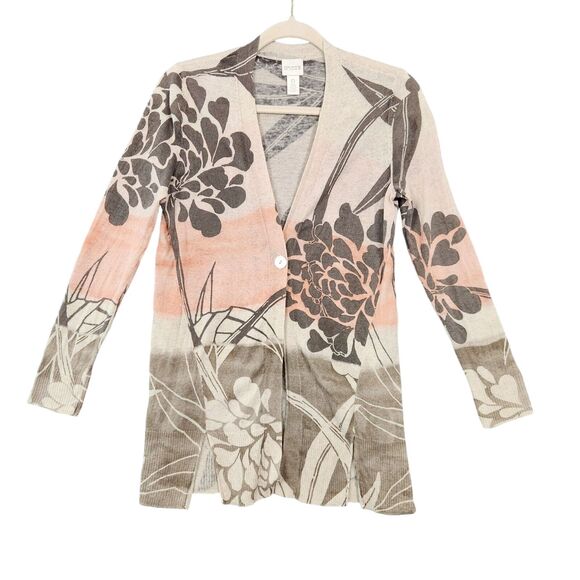 CHICOS 570162827 Tan Pink Floral Print Ninette Linen Cardigan SIZE 0 US SMALL 4 - Picture 3 of 16